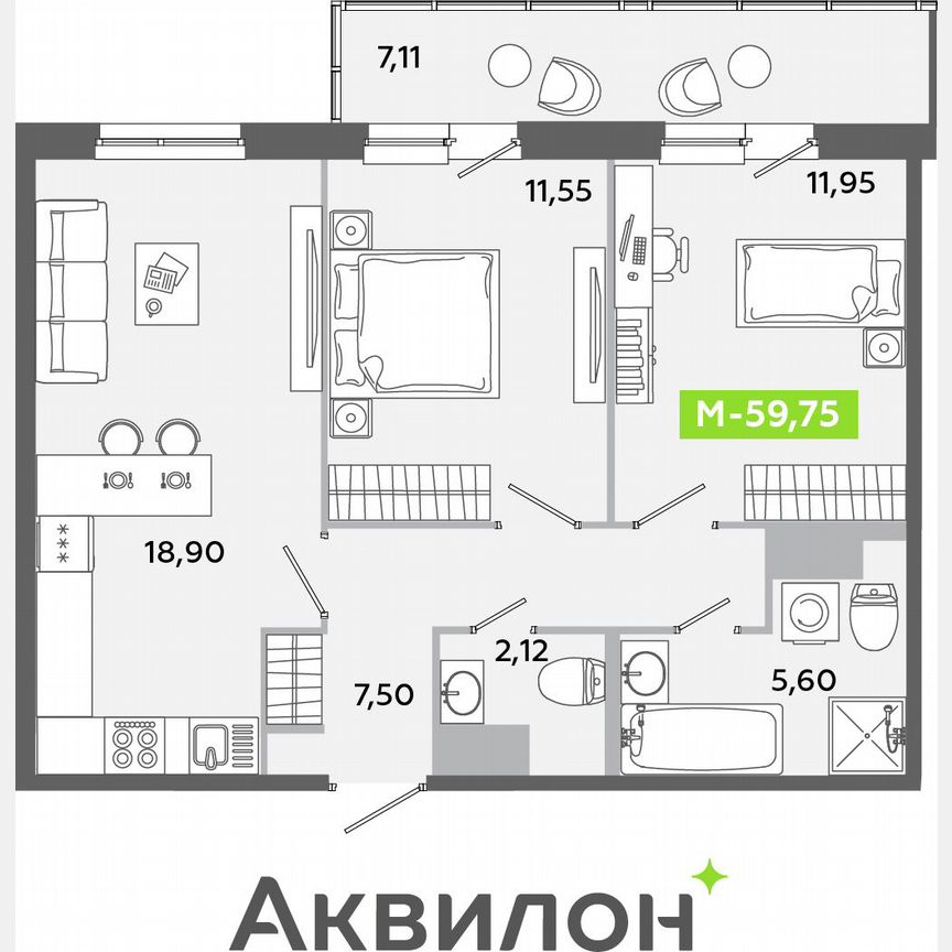 2-к. квартира, 59,8 м², 12/12 эт.