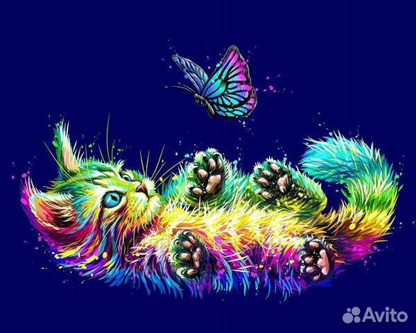 Картина по номерам 40x50 Разноцветный котёнок и ба