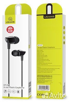 Гарнитура usams EP-37 3.5 jack 1.2m Black