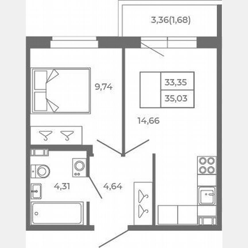 1-к. квартира, 33,4 м², 4/4 эт.