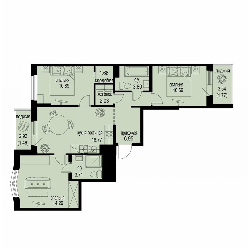 3-к. квартира, 74 м², 3/12 эт.