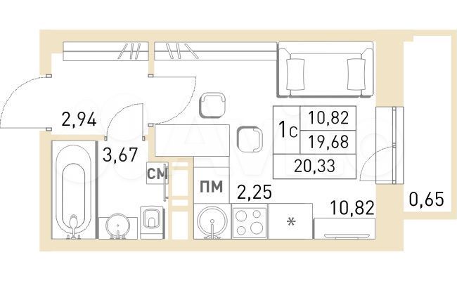 Квартира-студия, 20,3 м², 12/17 эт.