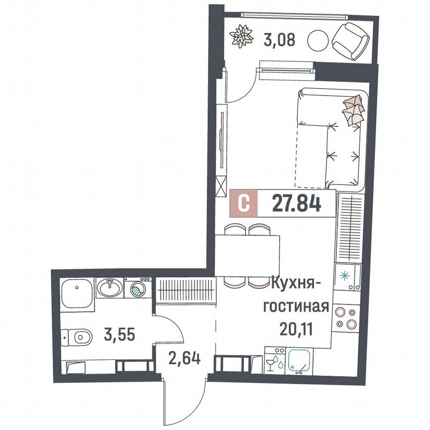 Квартира-студия, 27,8 м², 16/18 эт.