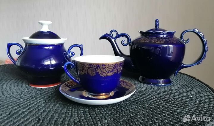 Чайник и Сахарница кобальт фарфор