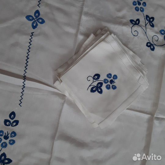 Ручная вышивка на льняной скатерти 1.5*2.5 и 12 са