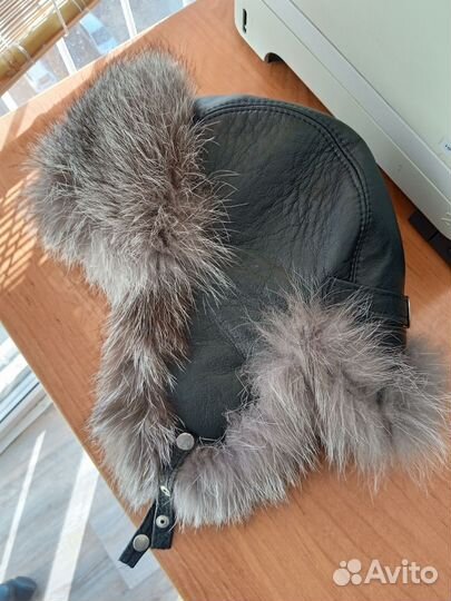 Женская ушанка, кожа/чернобурка, 58