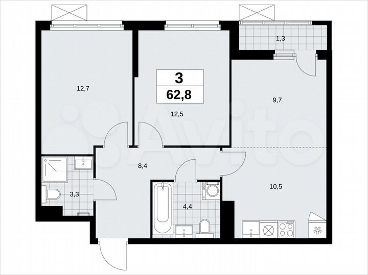 3-к. квартира, 62,8 м², 11/11 эт.