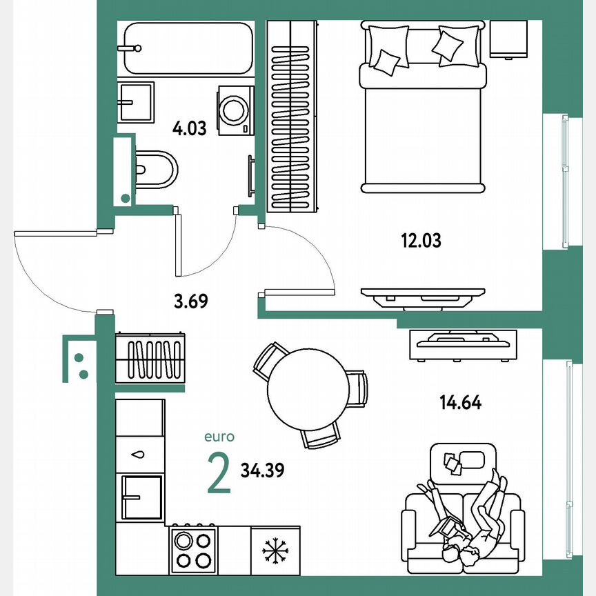 1-к. квартира, 34,4 м², 12/23 эт.