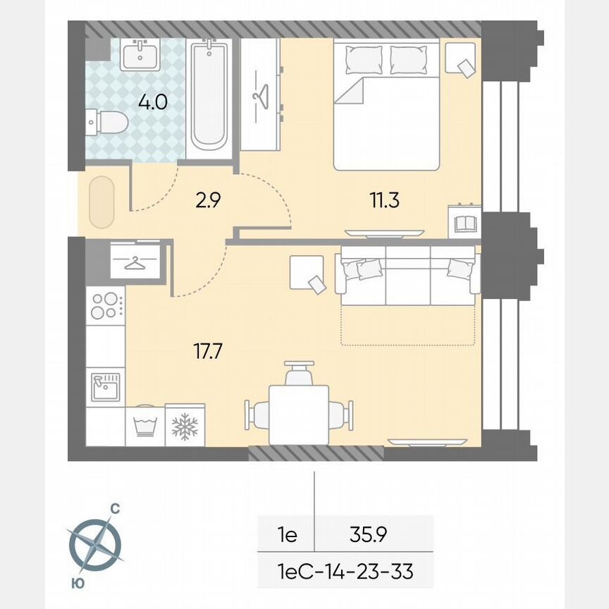 1-к. квартира, 35,9 м², 29/43 эт.