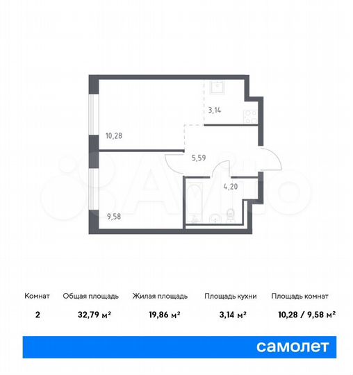 2-к. квартира, 32,8 м², 1/9 эт.