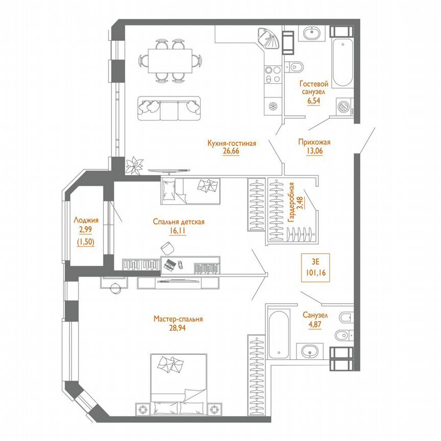 2-к. квартира, 99,9 м², 3/7 эт.