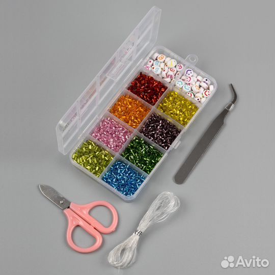 Бисер набор (стеклярус) с леской, ножницы и пинцет