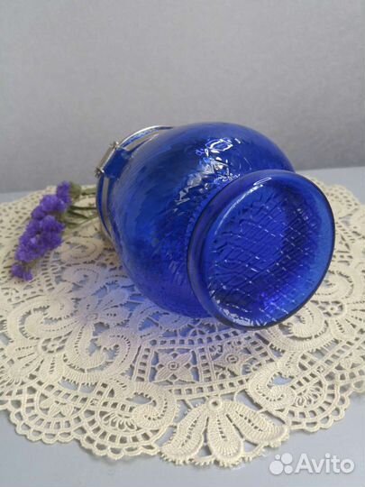 Сахарница СССР синее стекло с рисунком