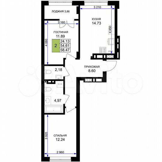 2-к. квартира, 58,5 м², 6/7 эт.