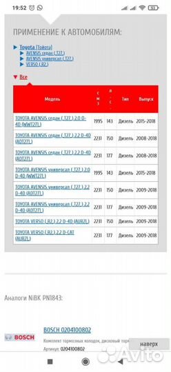 Тормозные колодки toyota avensis