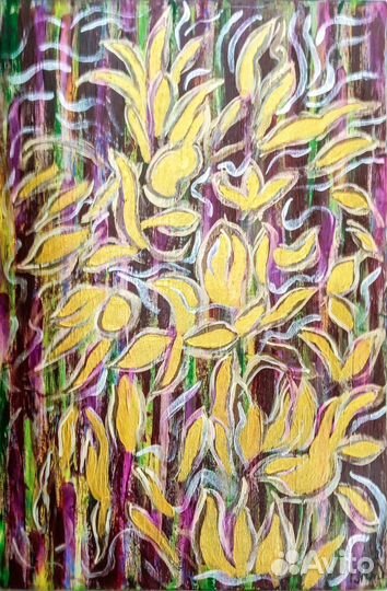 Картина в интерьер яркая абстракция цветы золото