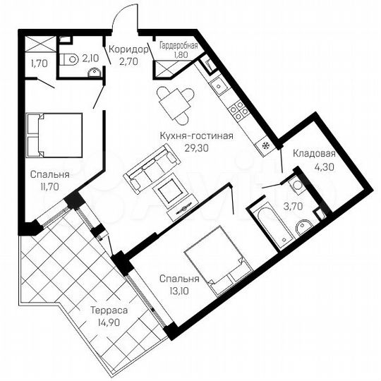 2-к. квартира, 74,9 м², 1/12 эт.