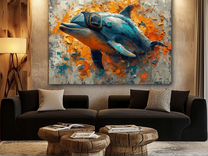 Большая картина текстурной пастой дельфин в очках