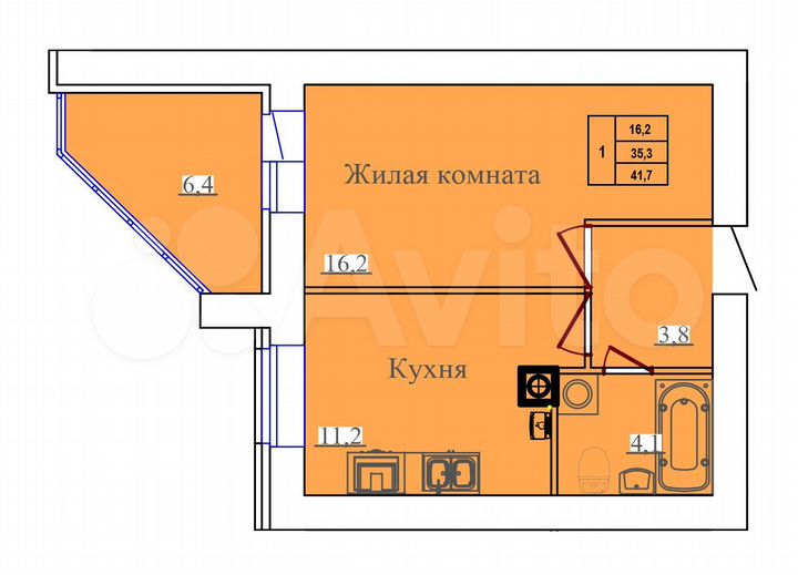 1-к. квартира, 41,7 м², 2/14 эт.