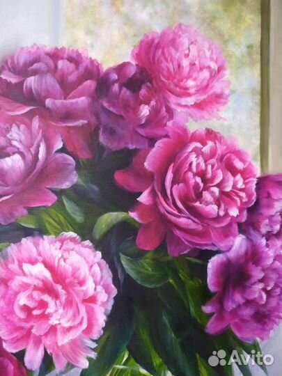 Картина маслом Букет пионов у окна 60*50