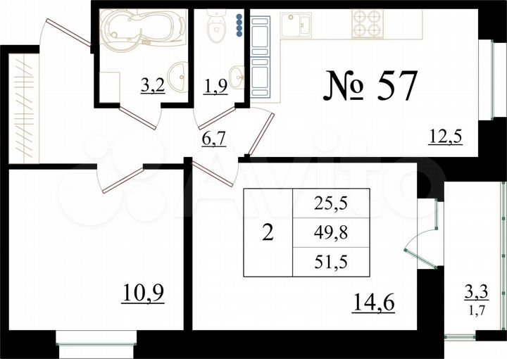 2-к. квартира, 51,5 м², 7/8 эт.