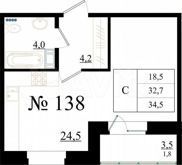 Квартира-студия, 34,5 м², 8/8 эт.