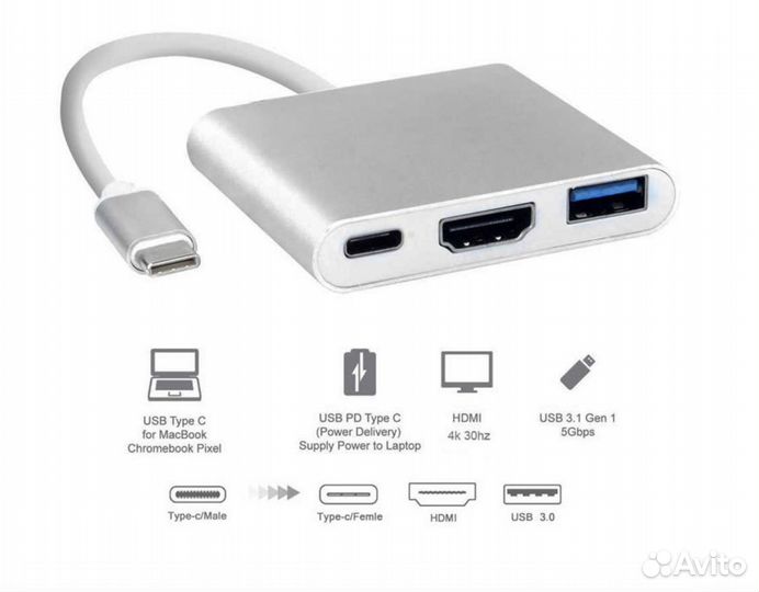 Переходник хаб разветвитель type-C - USB 3.0 hdmi