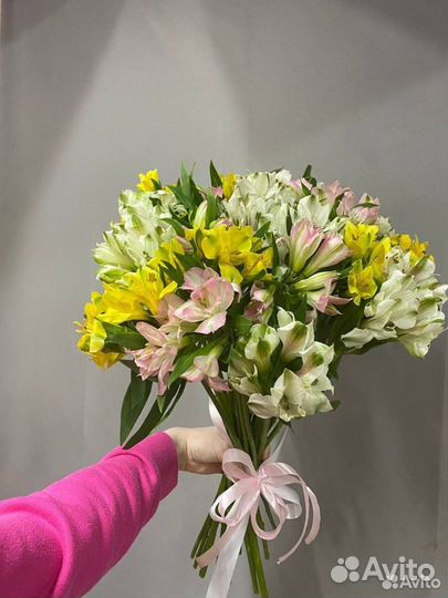 Букет из 25 белых, жёлтых и розовых альстромерий м