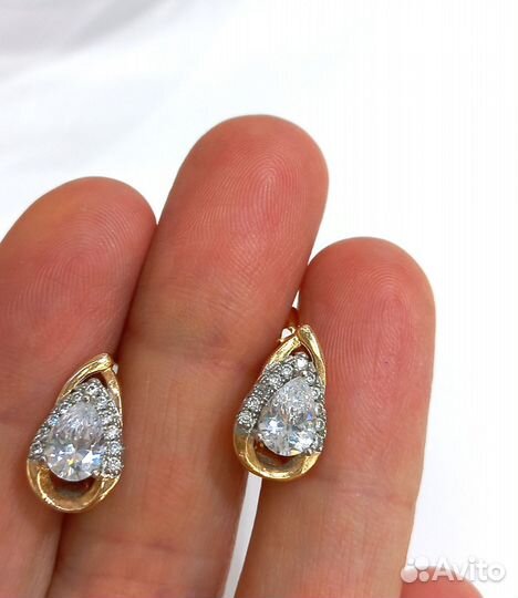 Серьги капельки, фианиты, покрытие золото