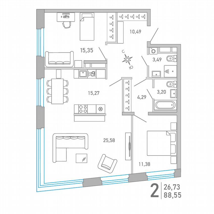 2-к. квартира, 88,6 м², 6/10 эт.