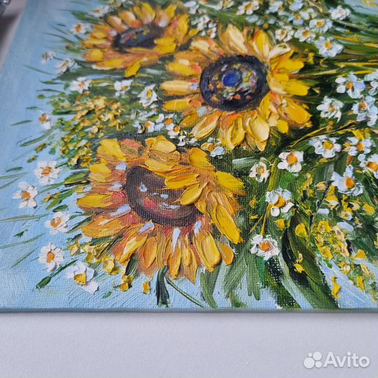 Подсолнухи ромашки полевые цветы картина маслом