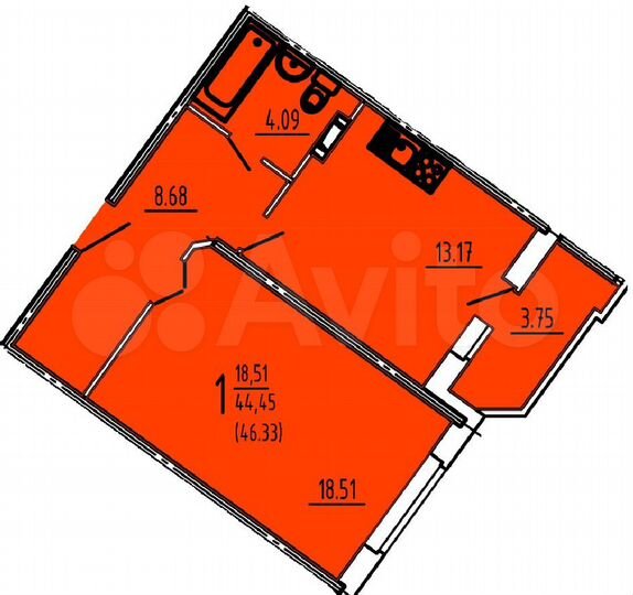 1-к. квартира, 46,3 м², 12/16 эт.