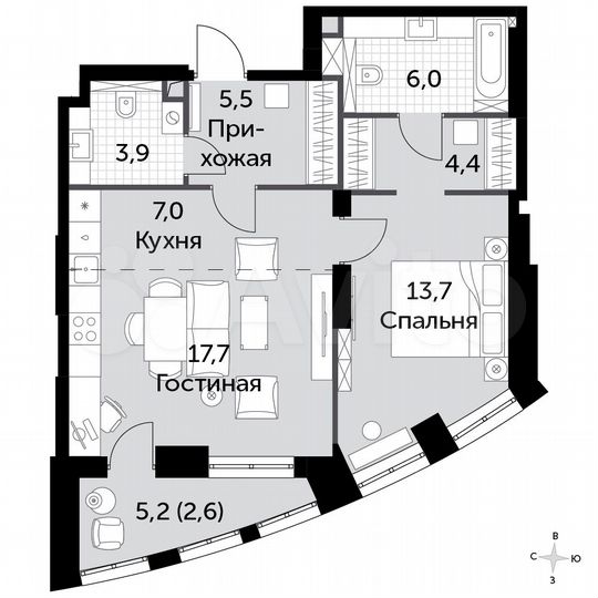 2-к. квартира, 60,8 м², 9/44 эт.