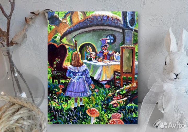 Картина маслом Алиса в стране чудес 30см на 24 см