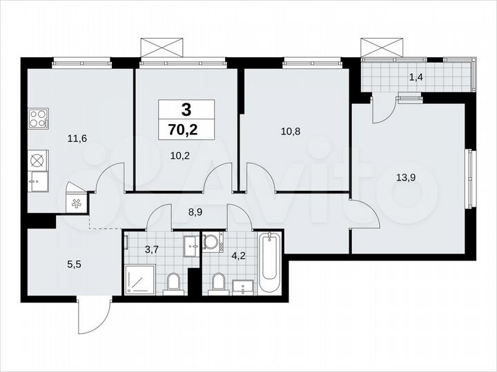 3-к. квартира, 70,2 м², 4/14 эт.