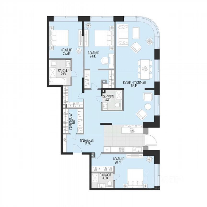 3-к. квартира, 164,8 м², 1/16 эт.