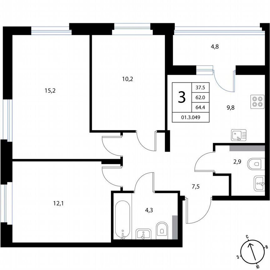 3-к. квартира, 64,4 м², 2/3 эт.