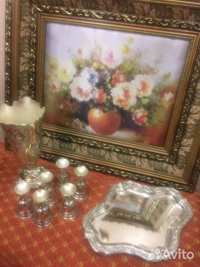 Набор из мельхиора для ликера, ваза, подсечник