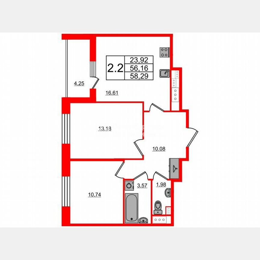 2-к. квартира, 56,2 м², 5/12 эт.