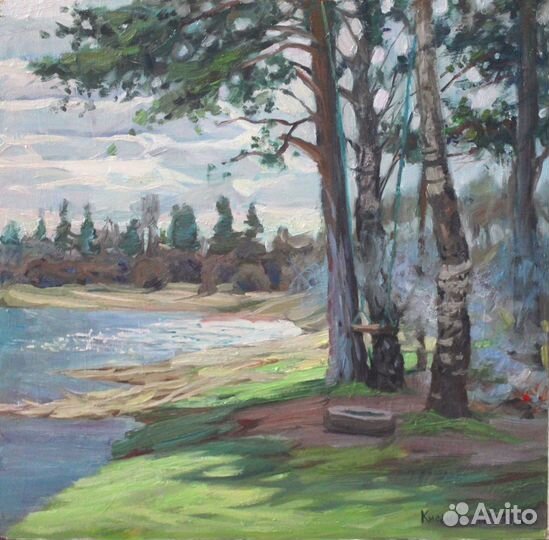 Старинная картина пейзаж маслом лес река деревья