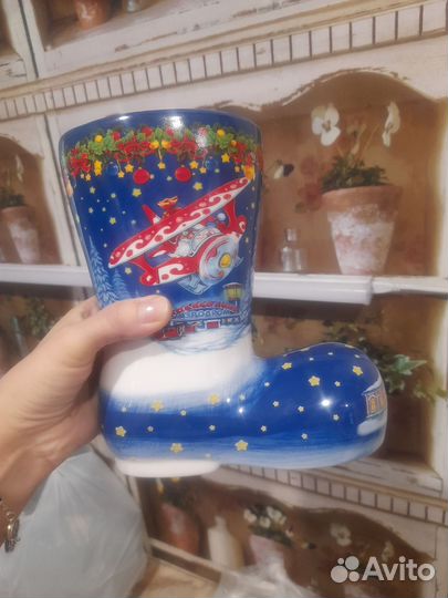 Керамический сапожок новогодний, ваза, упаковка
