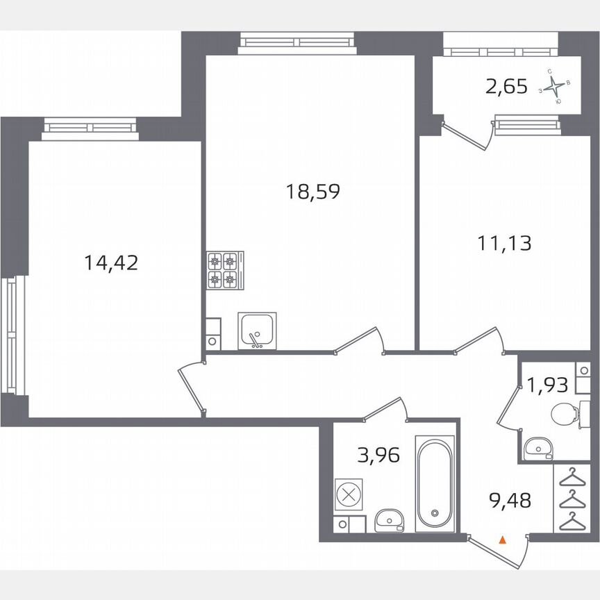 2-к. квартира, 60,8 м², 3/17 эт.