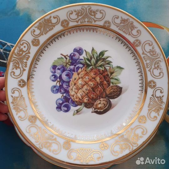 Набор 6 тарелок,фарфор,деколь,золочение,Kahla, гдр