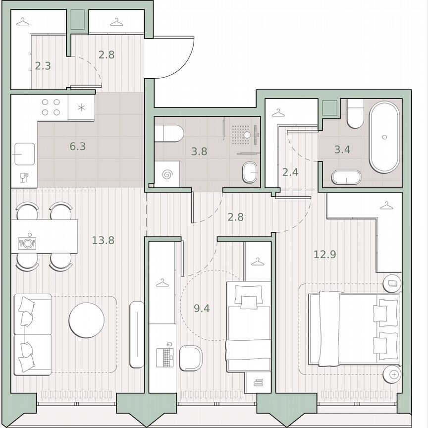 2-к. квартира, 59,9 м², 6/13 эт.