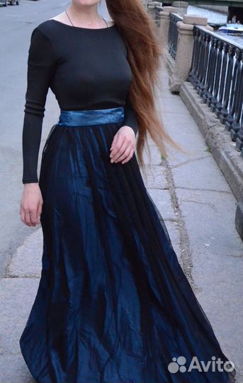 Платье синее длинное с бантом сзади