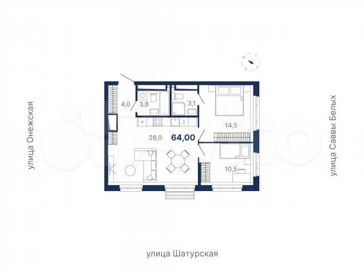 2-к. квартира, 64 м², 18/21 эт.