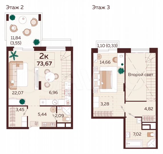 2-к. квартира, 73,7 м², 2/9 эт.