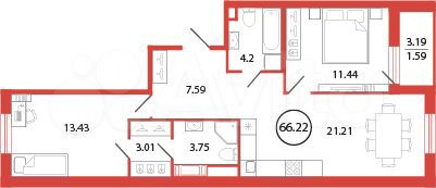 2-к. квартира, 66,2 м², 12/12 эт.