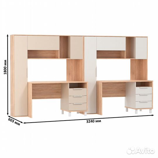 Два стола компьютерных Mobi Комфорт 12.95N цвет дуб сонома/белый/сатин, 324х60х180