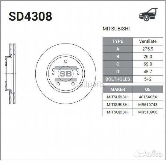 Sangsin brake SD4308 Диск тормозной передний mitsubishi outlander I (CU) 03-06